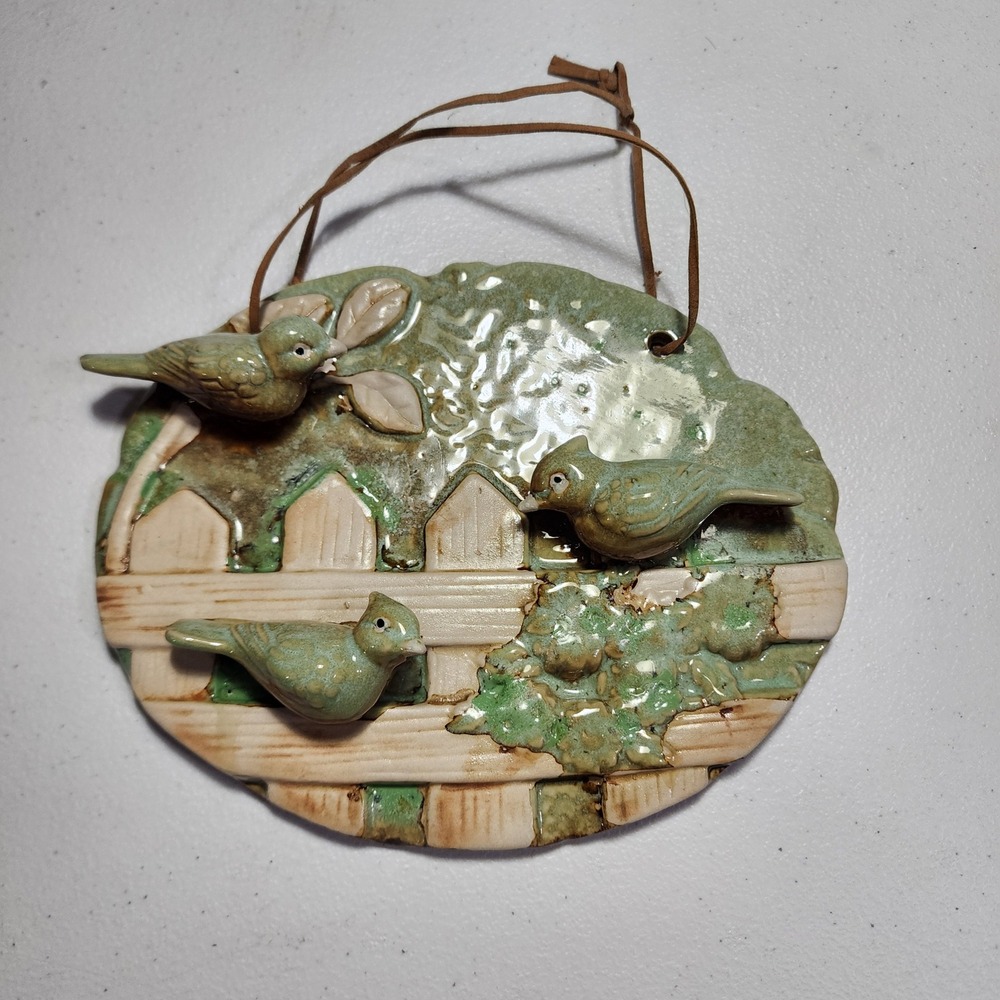 Vintage Ceramic Bird Picket Fence Wall Hanging Plaque Green Glaze Garden Decor